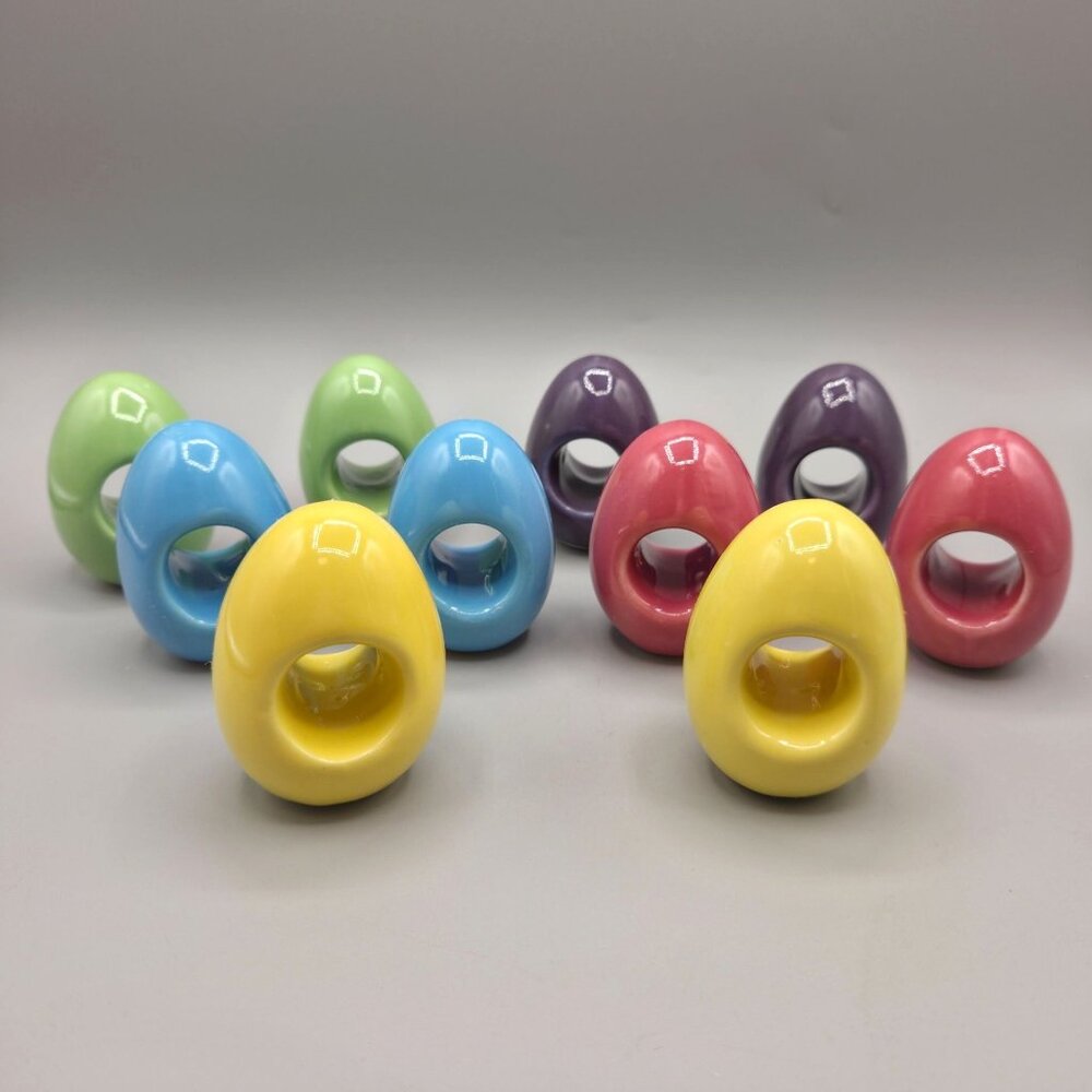 Ceramic Easter Egg Shaped Napkin Rings Set Of 10 Multicolor Spring - Picture 1 of 9